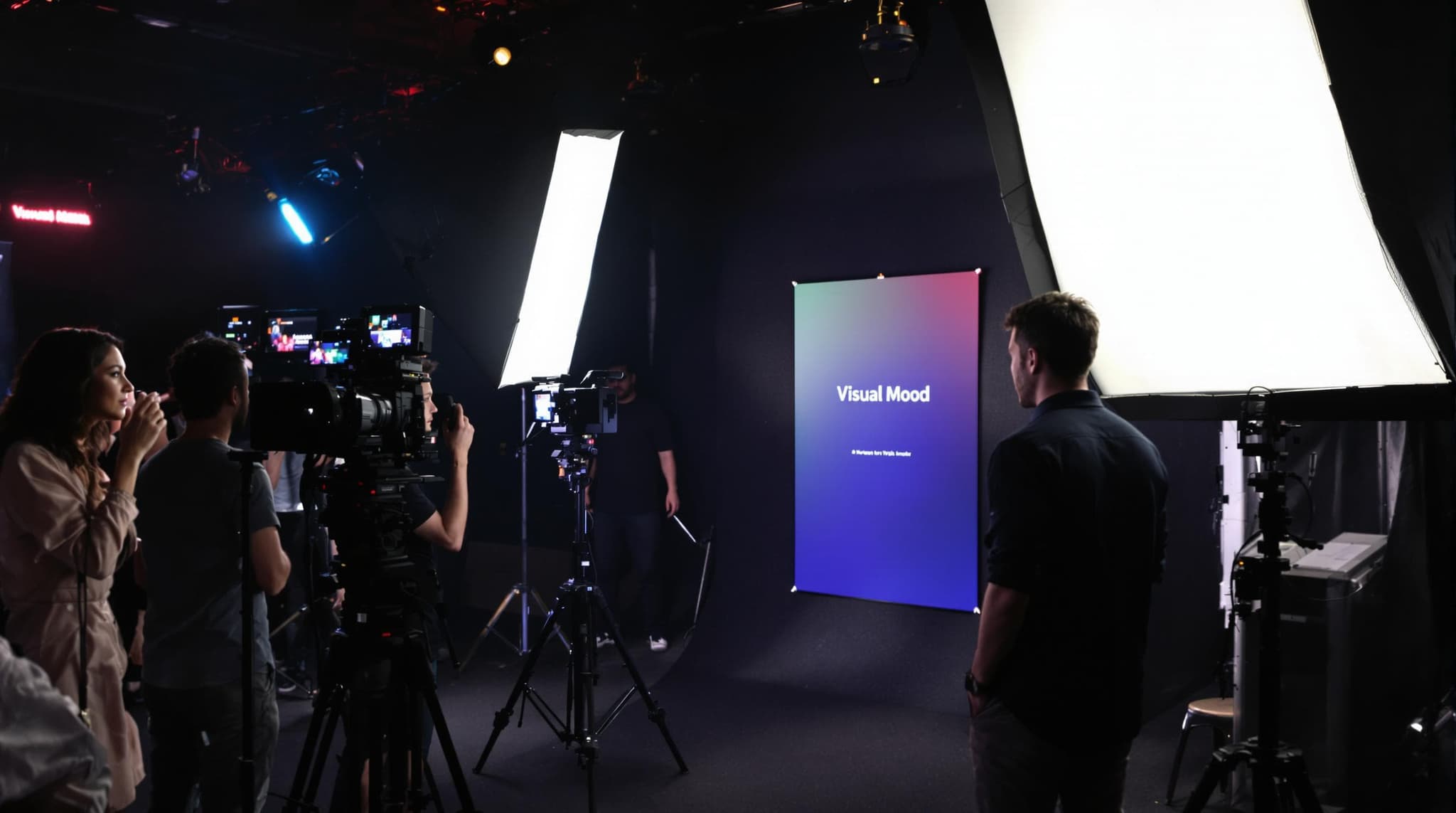 Cinematographer adjusts dramatic lighting on set, 'Visual Mood' on poster