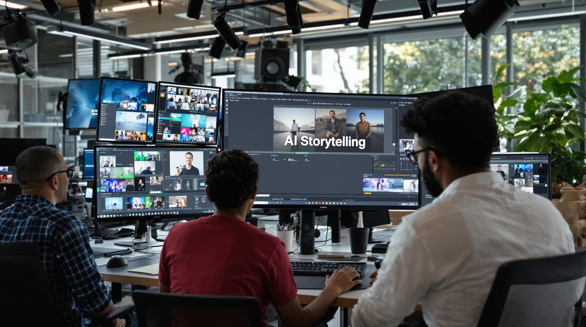 Diverse video production team using AI video software in modern studio