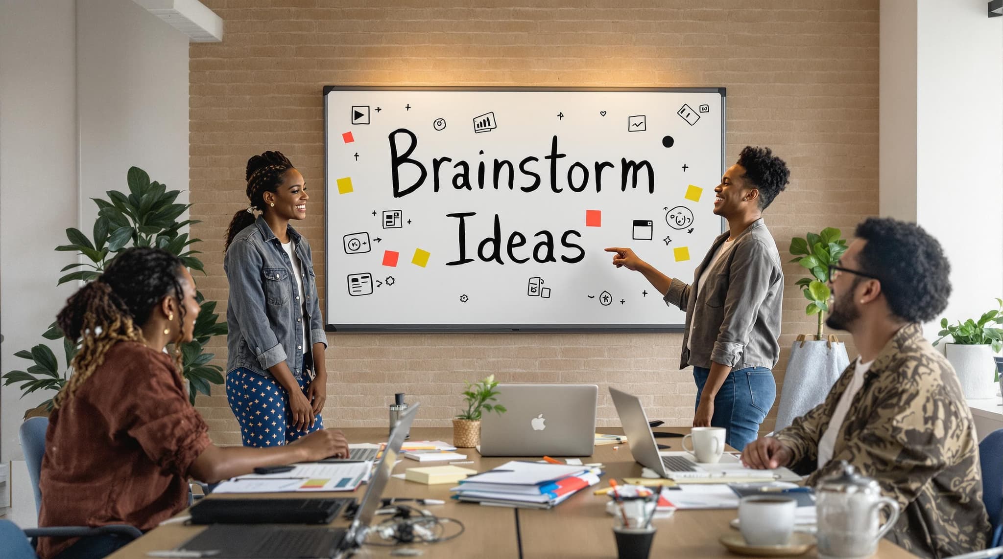 Video creators collaborating and brainstorming in a modern workspace