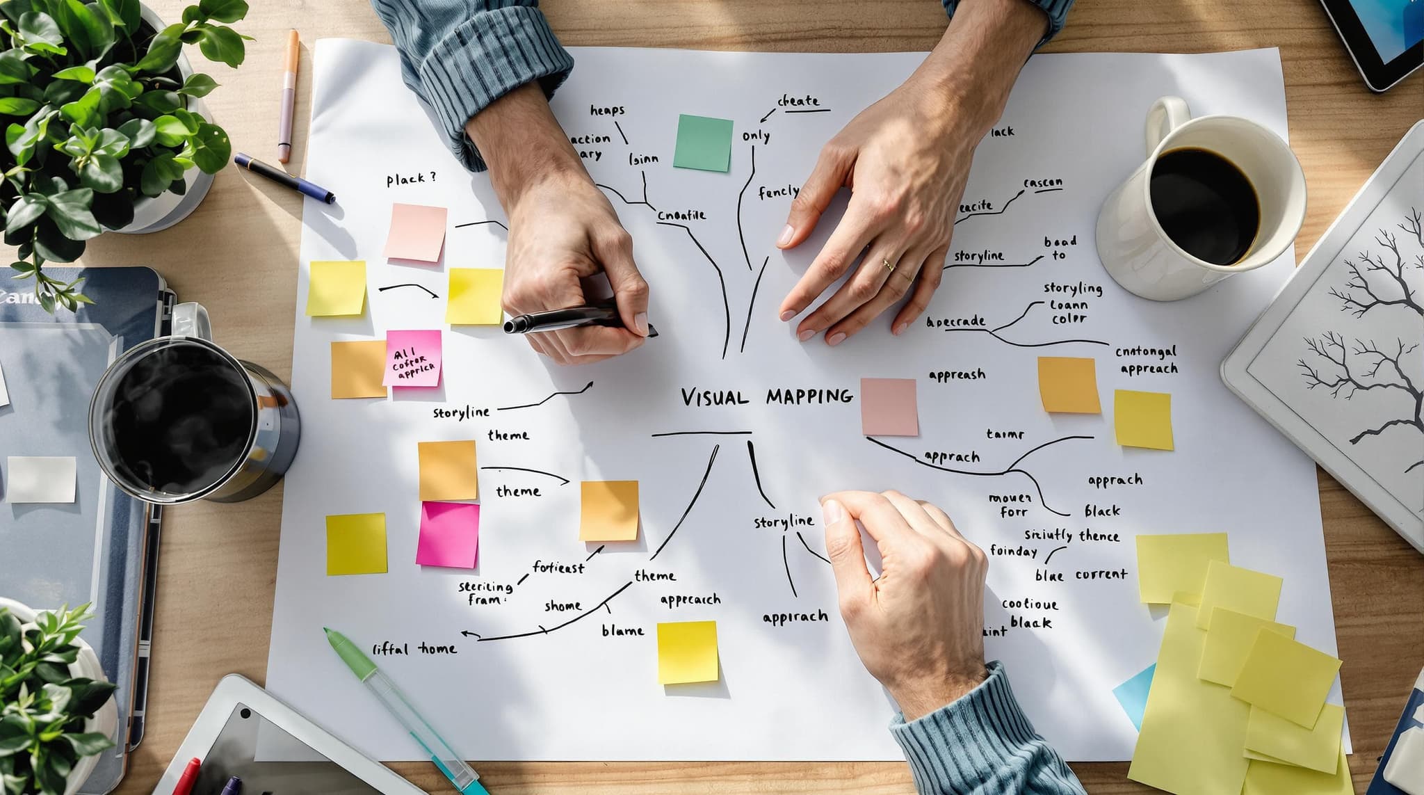 Hands creating a mind map with visual mapping text and creative notes