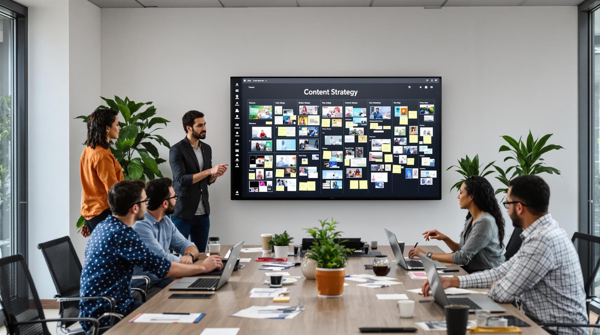 Creative team collaborating in modern office on video content planning