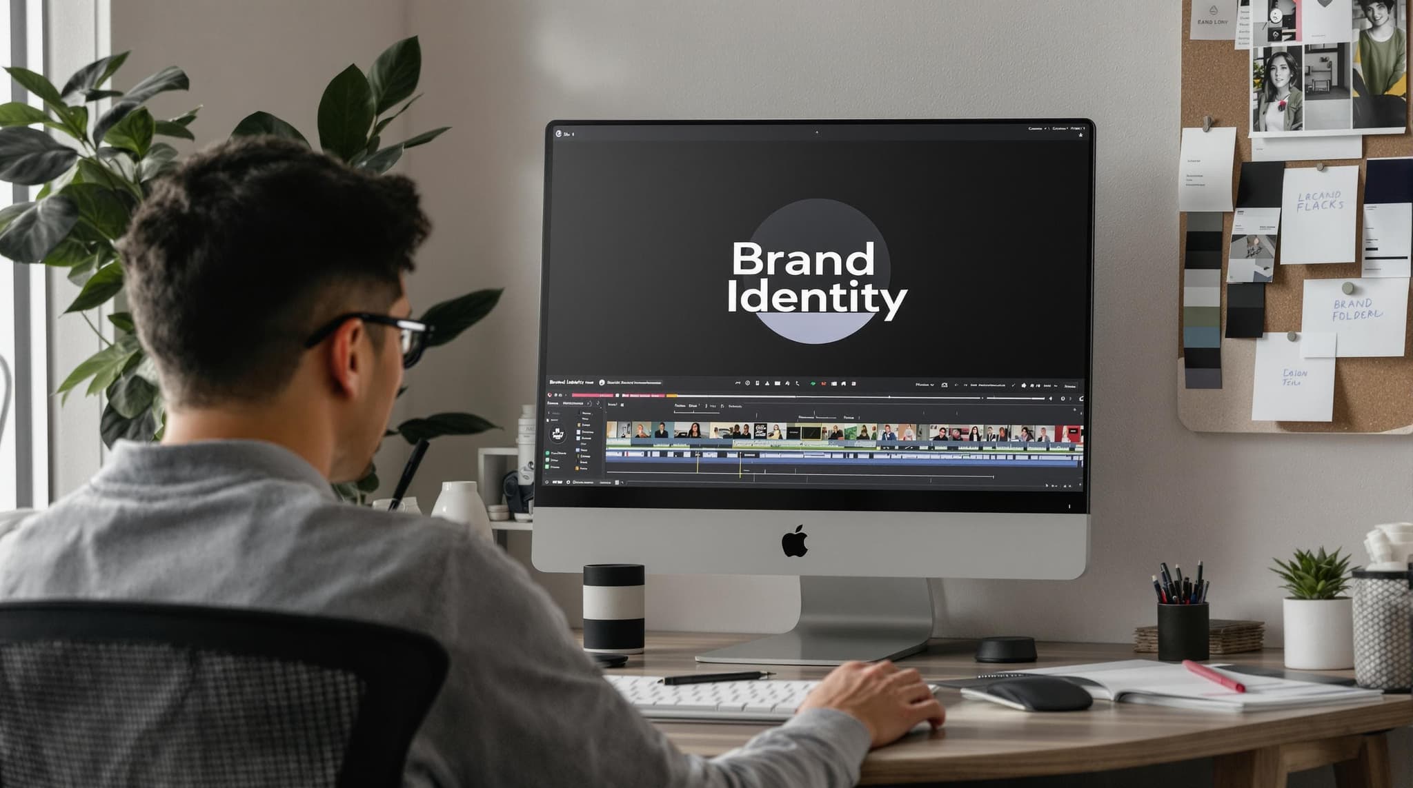Editor working on brand-consistent video content in creative workspace