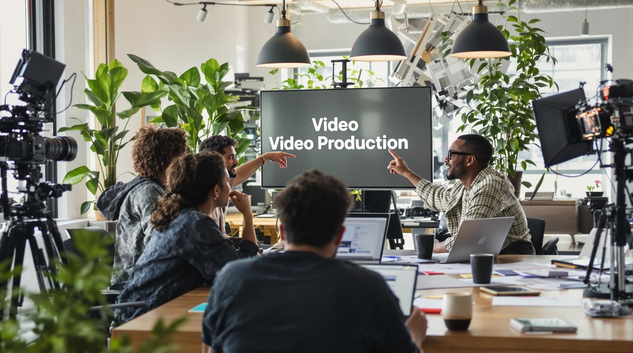 Team collaborating in video studio with 'Video Production' text on screen