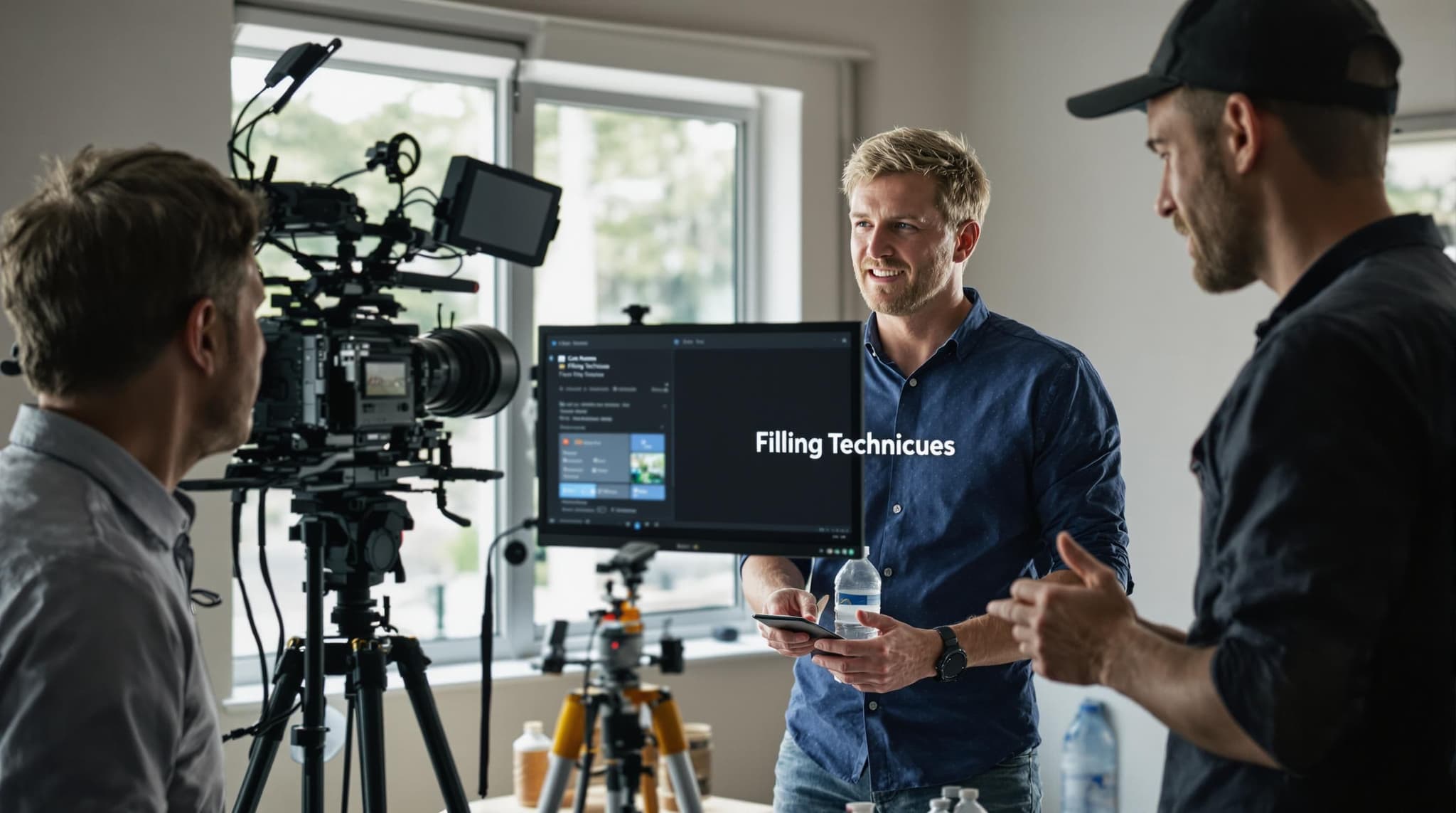 Director and camera operator using equipment with 'Filming Techniques' visible on monitor