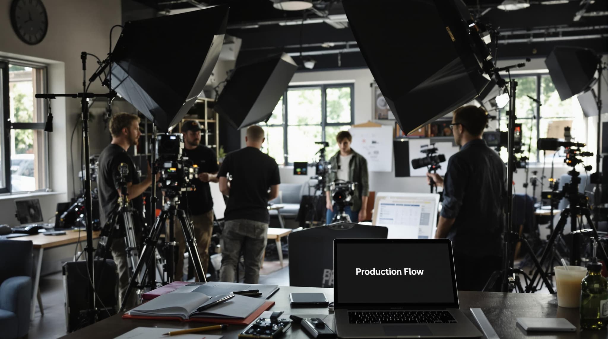 Video crew works on set coordinating production flow and shot schedules