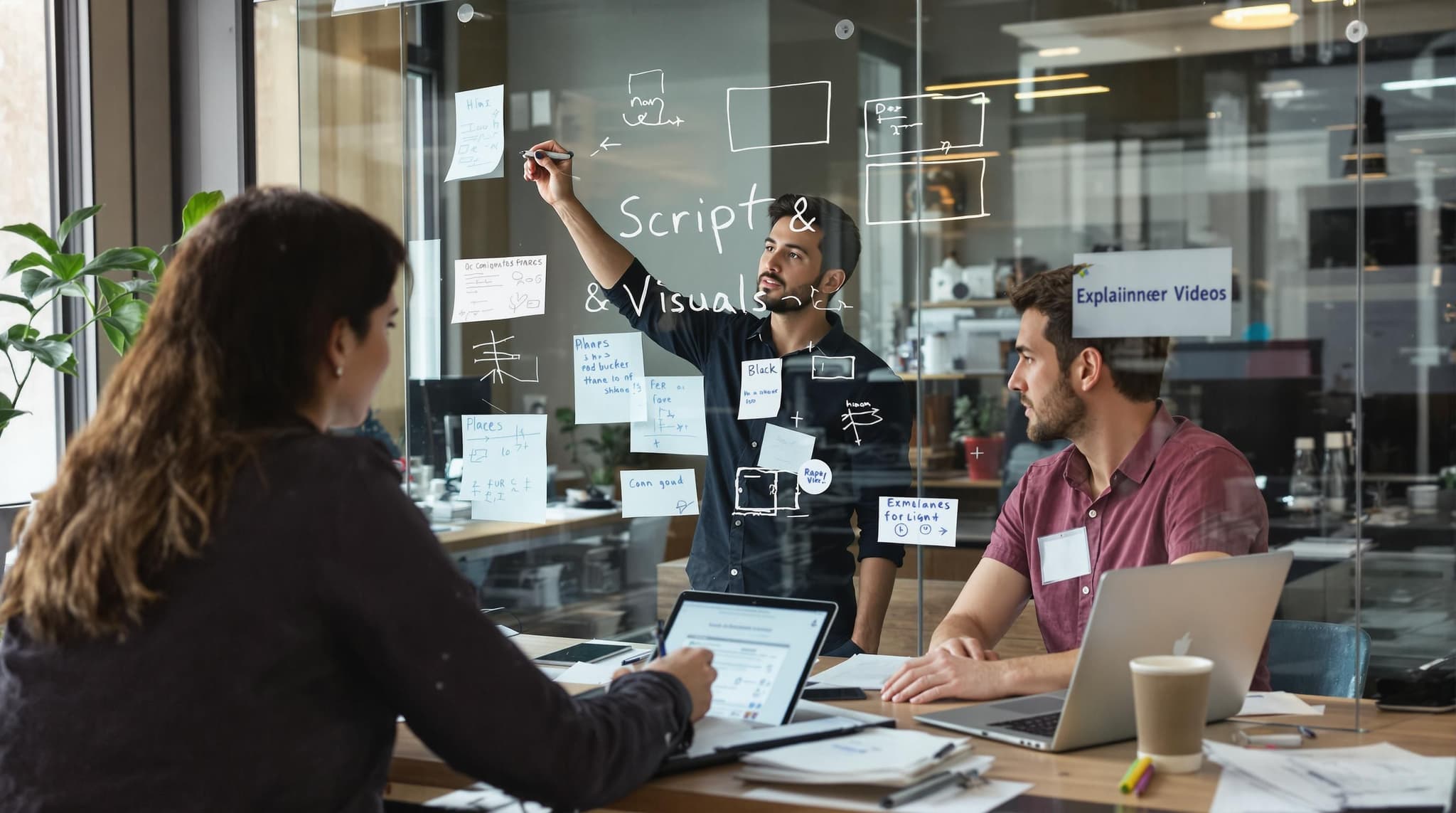 Professionals creating storyboard and script in bright, collaborative office