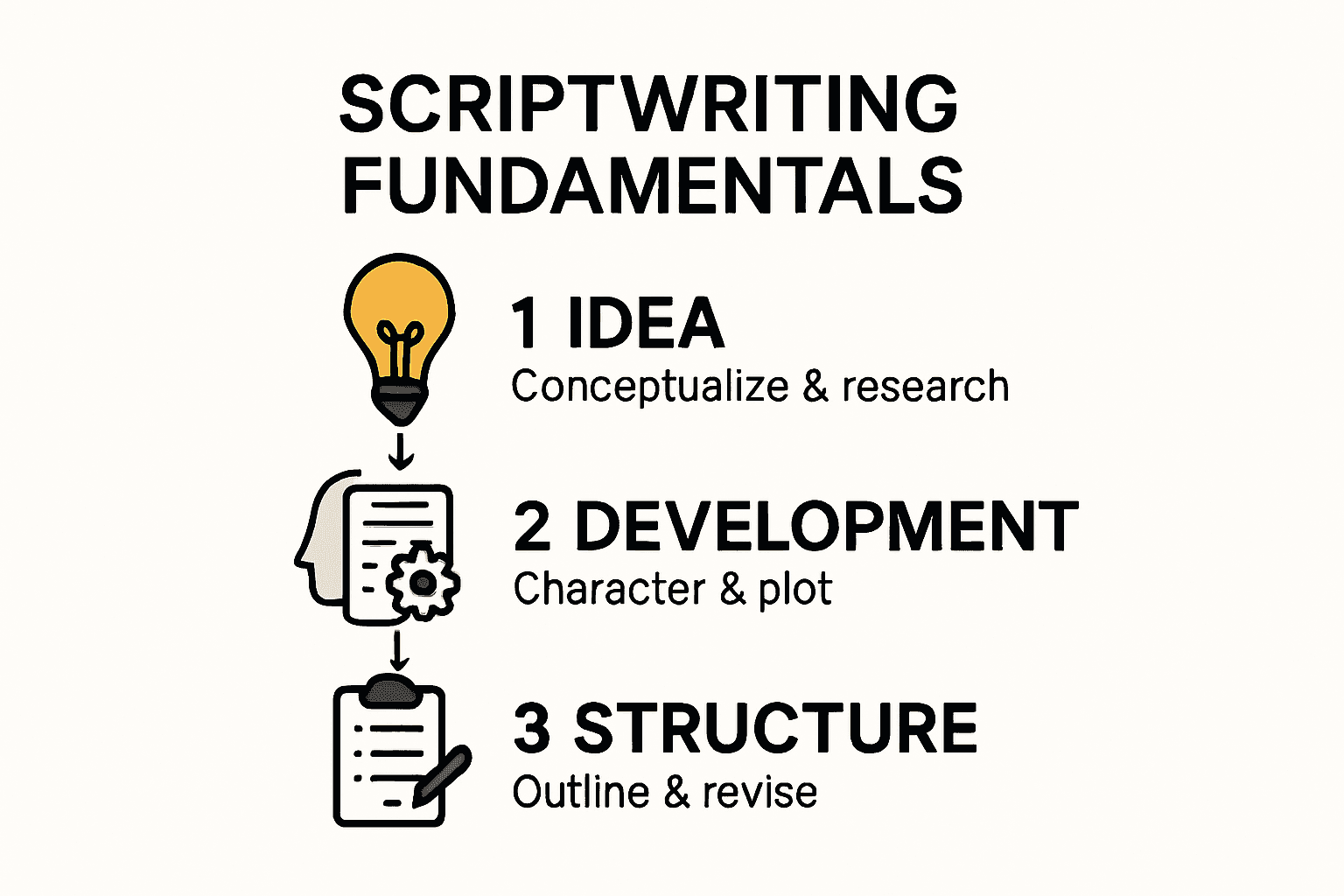 Step-by-step infographic showing fundamentals of scriptwriting