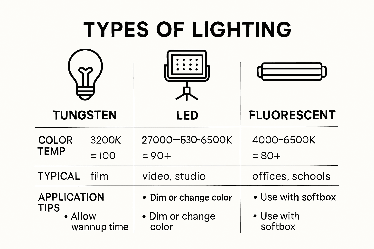 Infographic comparing video lighting equipment types and features