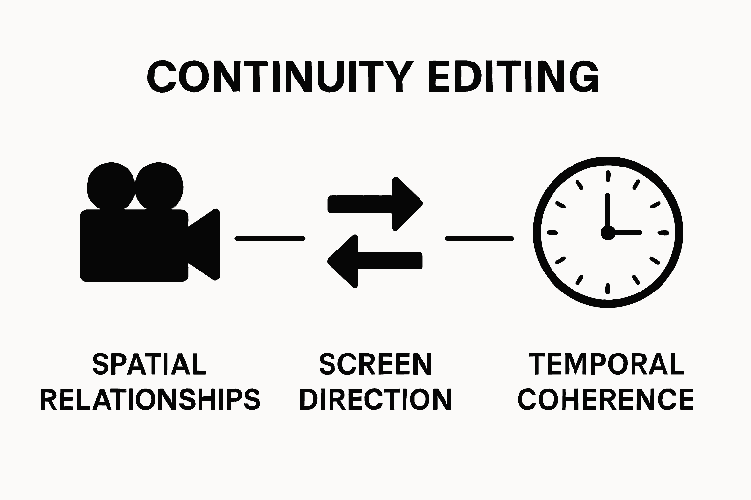 Infographic showing spatial, directional, and temporal elements of continuity editing
