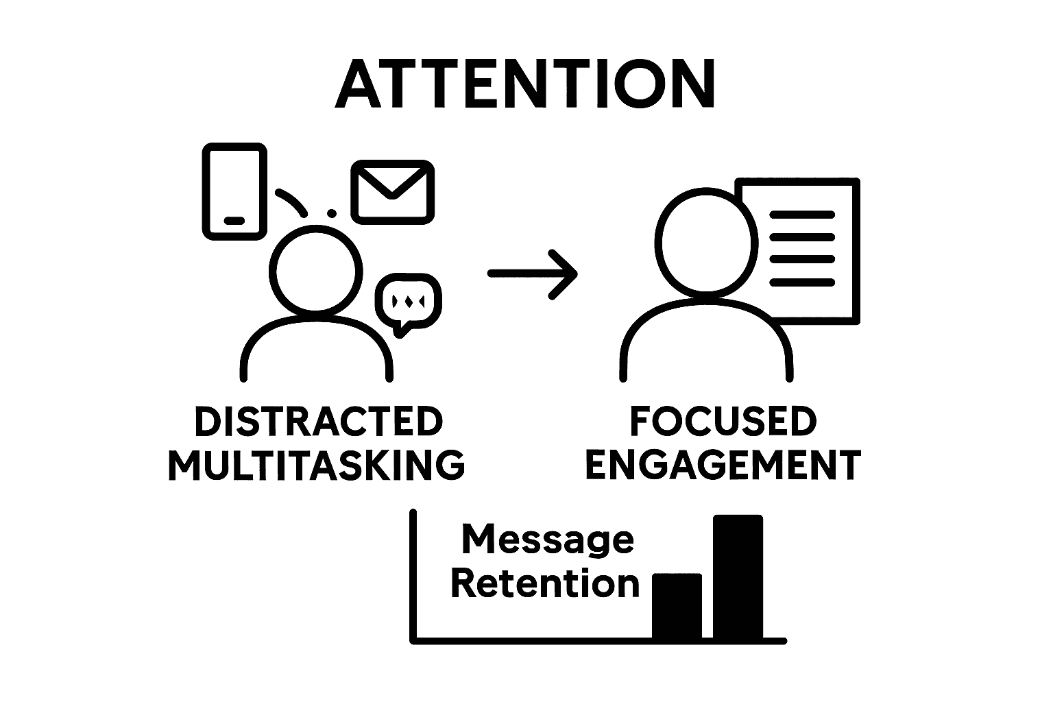 Infographic comparing distracted vs. focused audience attention