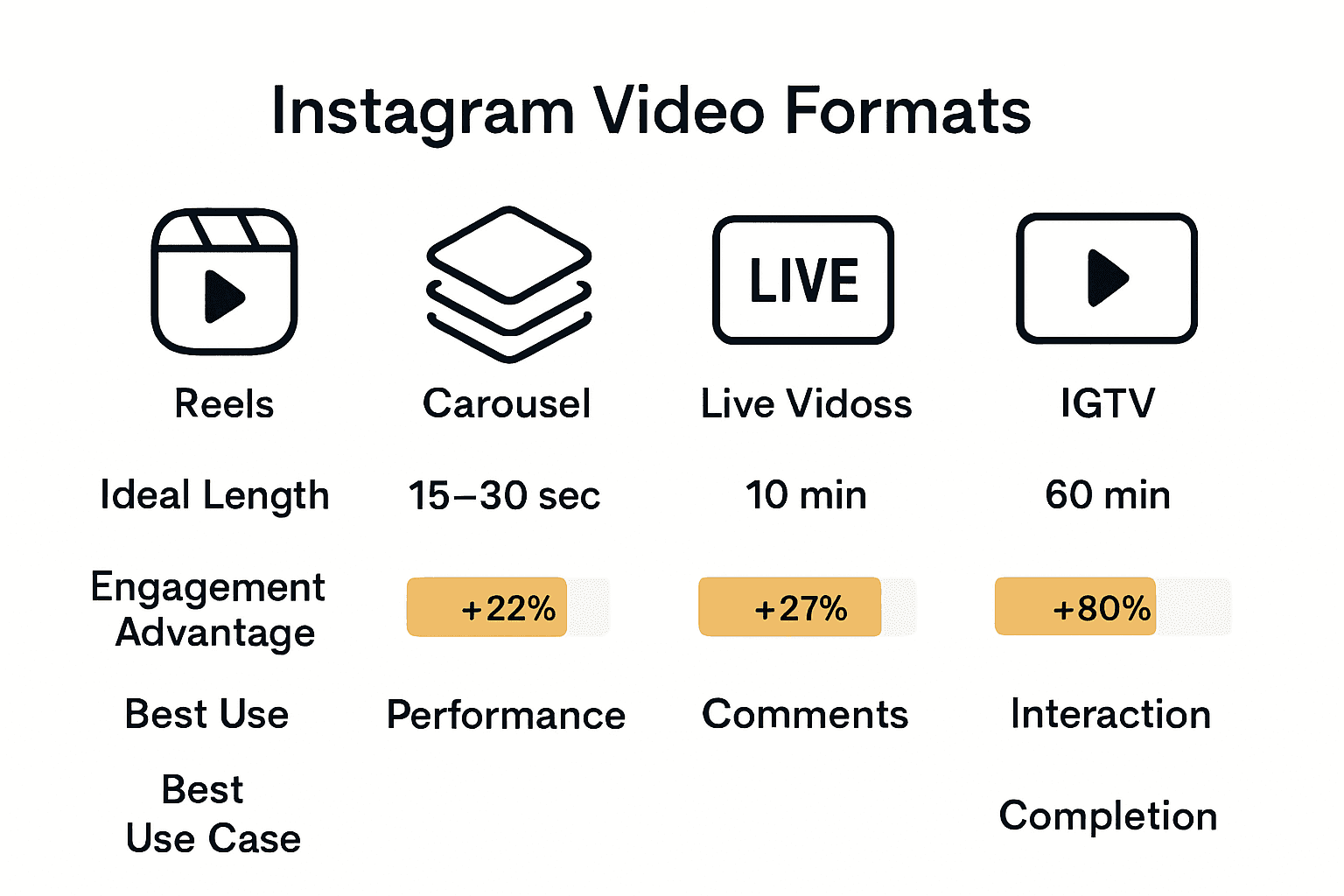 Infographic comparing Instagram video formats, engagement rates, and best uses.
