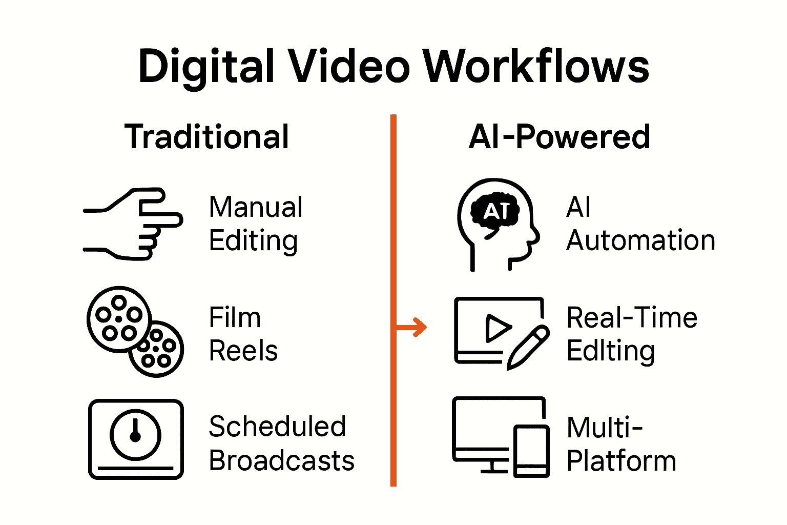 Comparison infographic showing traditional versus AI-powered video workflows