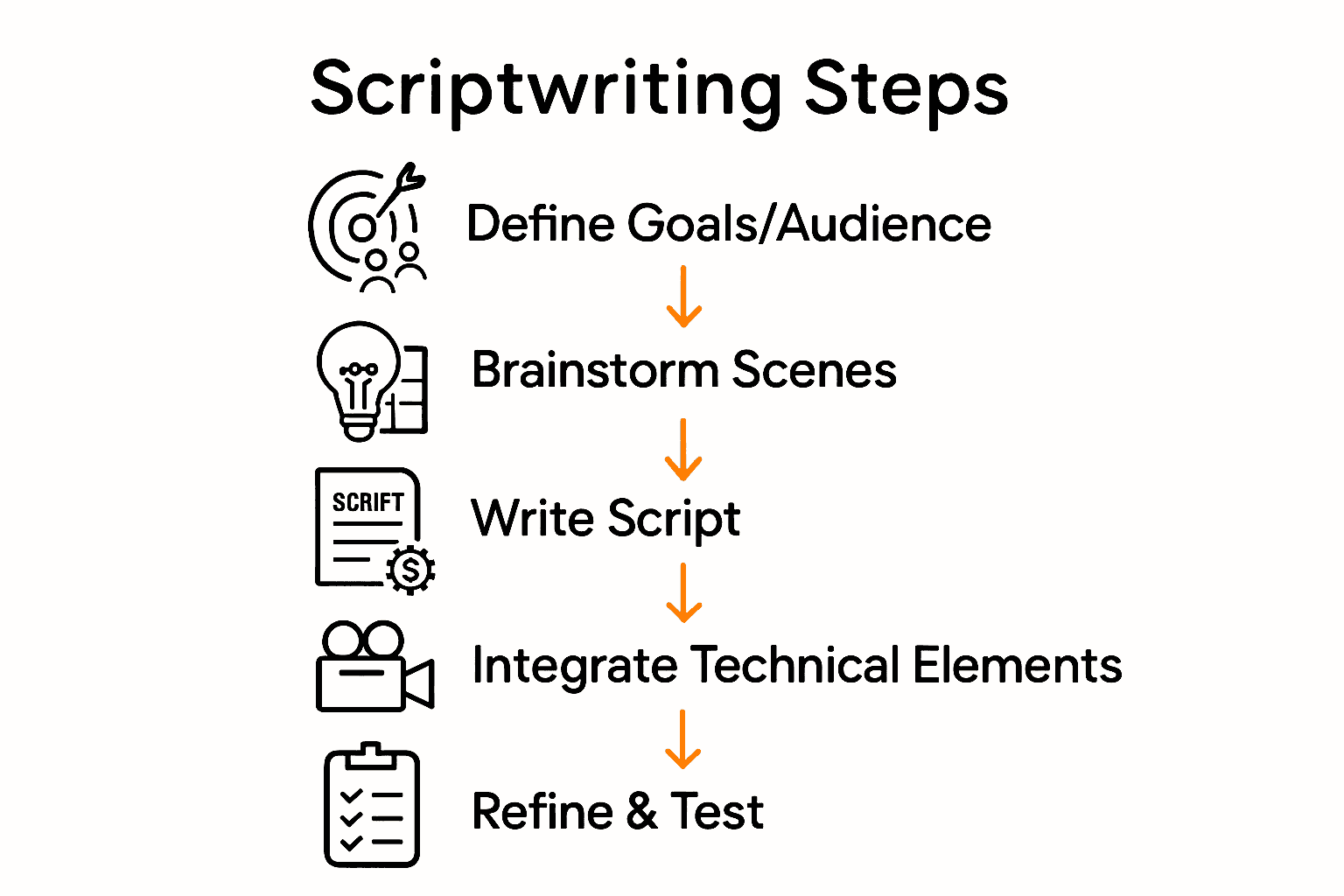 Five-step process infographic for writing cinematic video scripts.