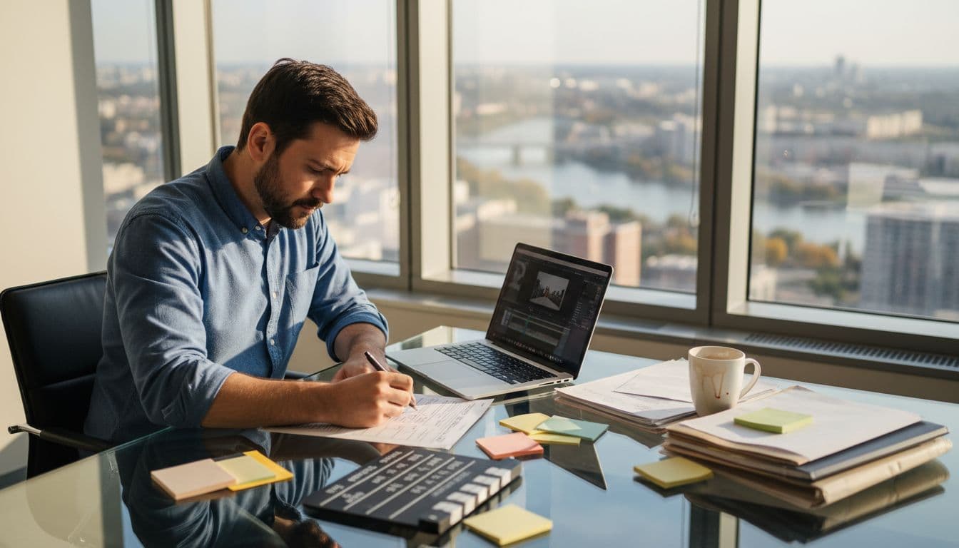 Man writing video script at city office
