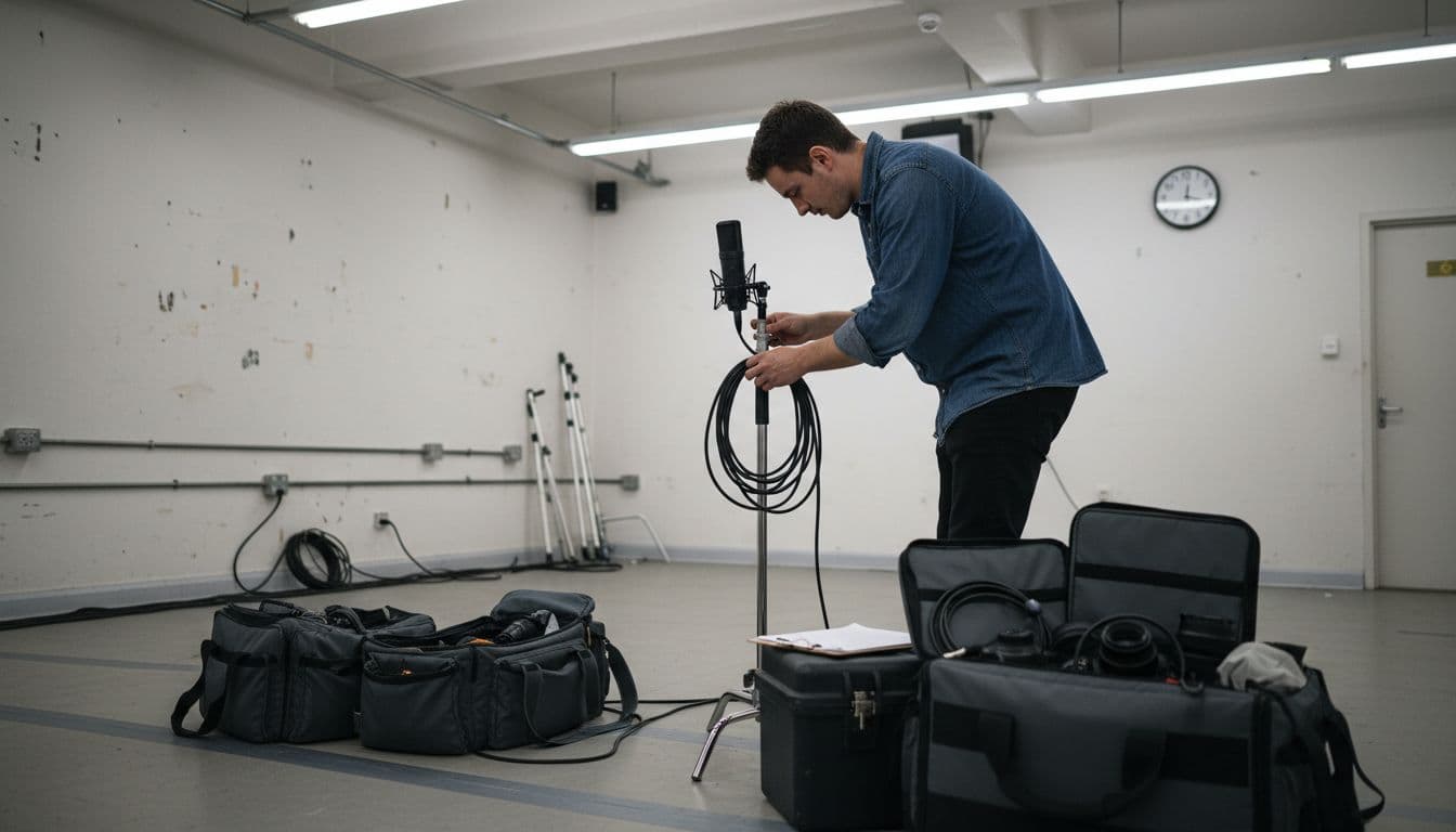Technician sets up video production gear