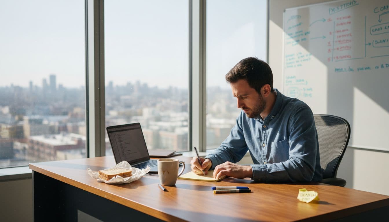 Creator drafting video script in corner office