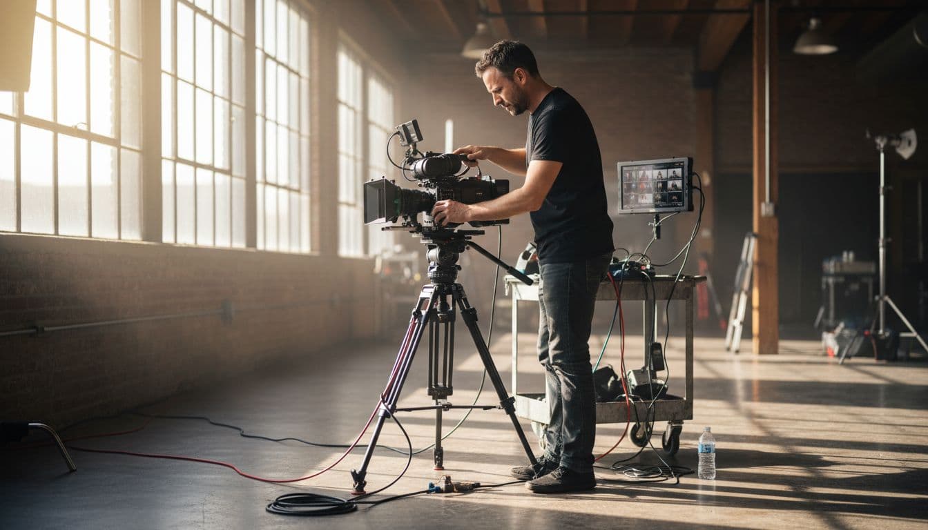 Director adjusting cinema camera in loft studio