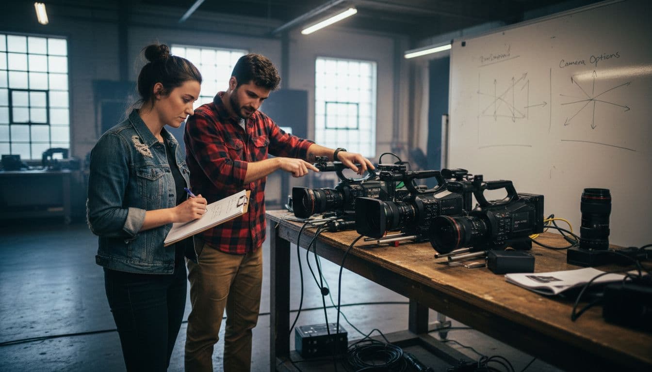 Professionals comparing video cameras in studio