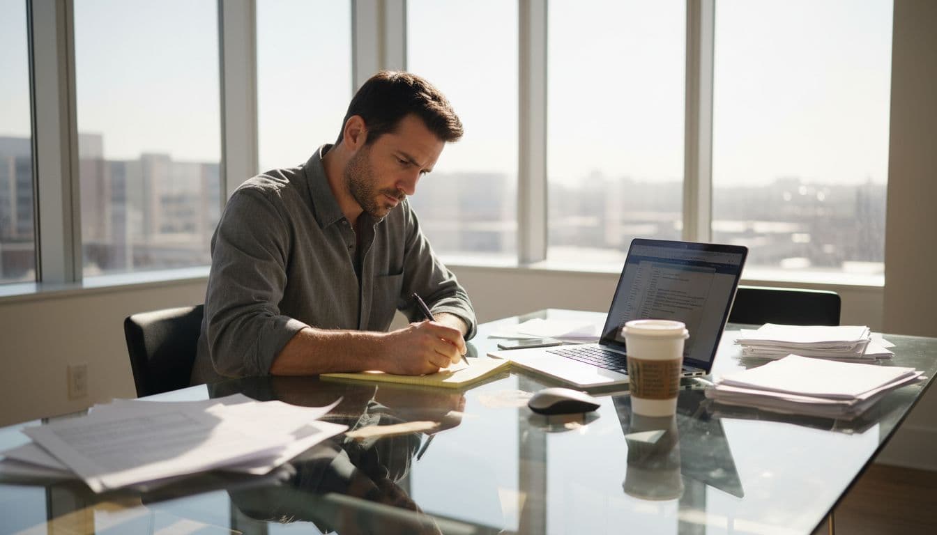 Producer writing script in corner office