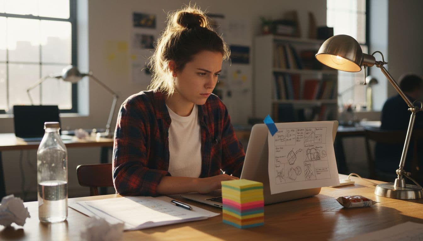 Writer drafting script in creative workspace