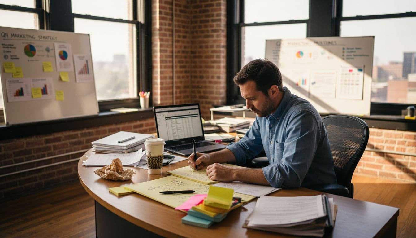Man drafts video script at busy desk