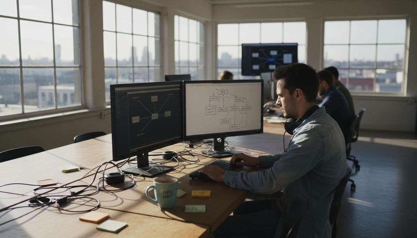 Producer editing interactive video project in office