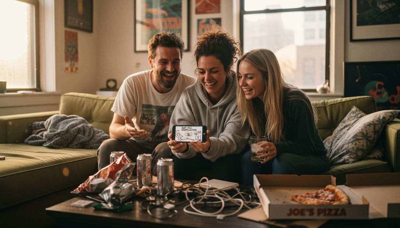 Friends watch funny video together at home