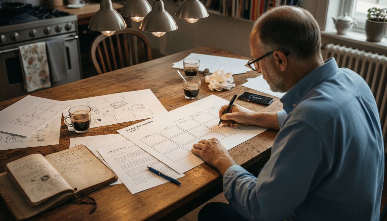 Storyboard sketches on kitchen table with script