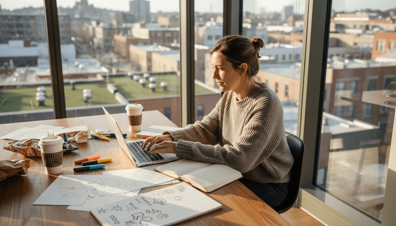 Woman writing video script at sunny office desk