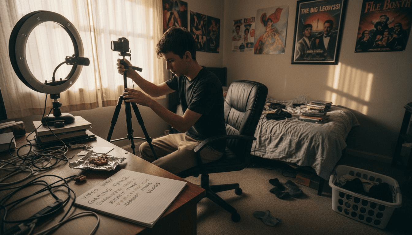 Creator filming at cluttered bedroom desk