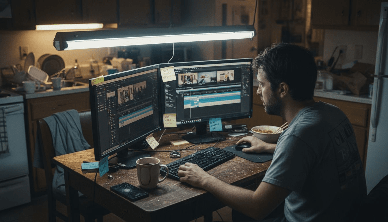 Man edits user video with computer and notes