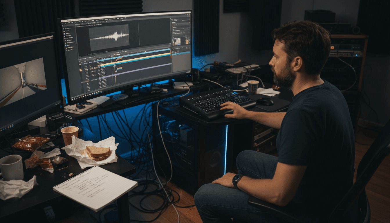 Editor adjusting video timeline in studio