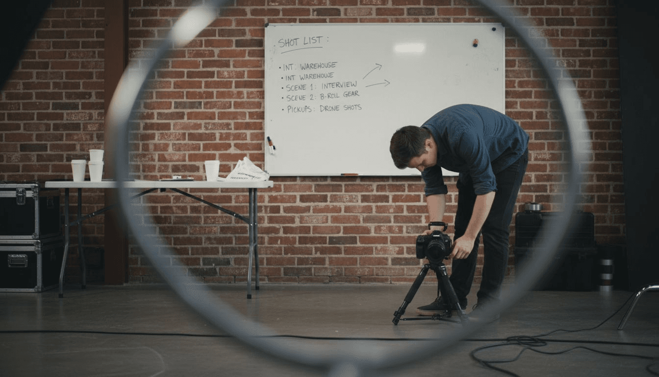 Videographer prepares camera during studio setup