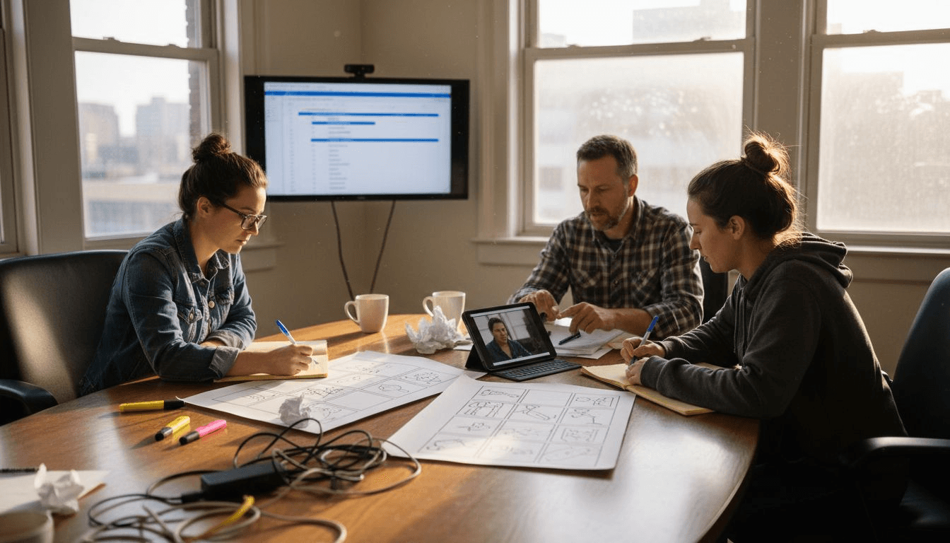 Video production team meeting in bright corner office
