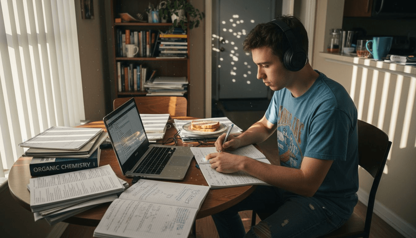 Student writing video essay script at cluttered table