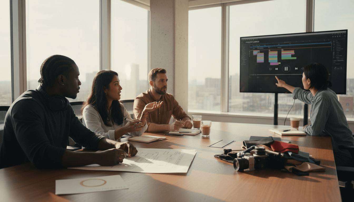 Creative agency team planning video project in bright conference room