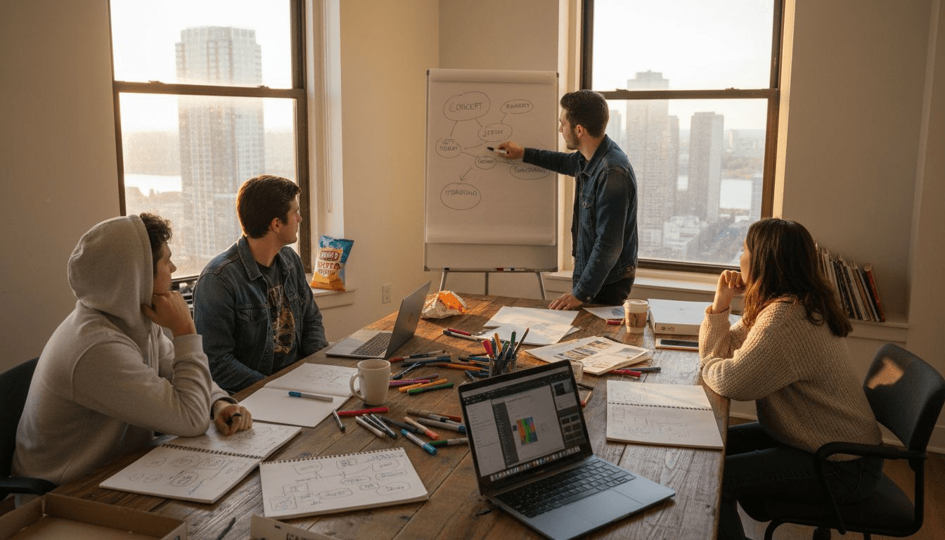 Creative group brainstorming with whiteboard and laptops