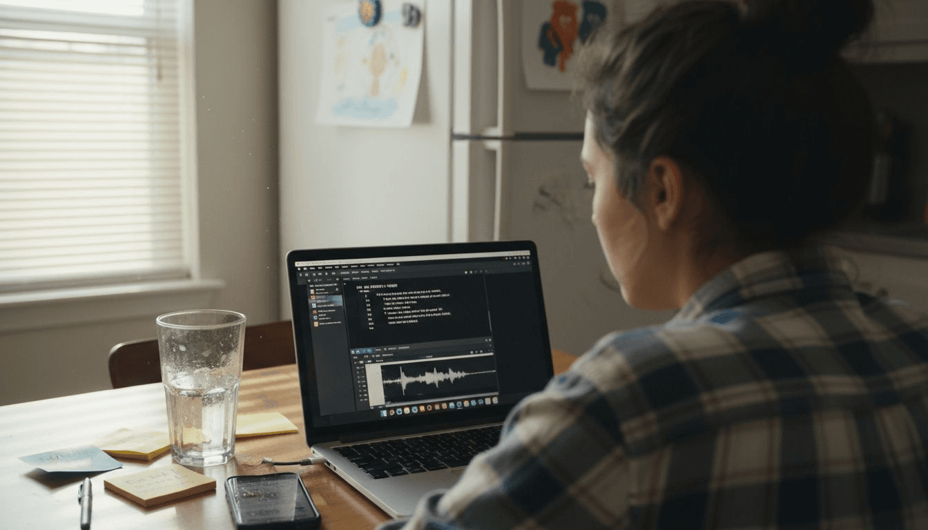 Filmmaker using AI scriptwriting tools at home