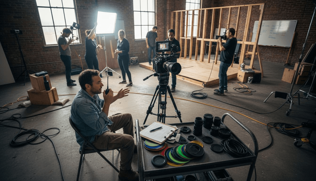 Director and crew in busy video studio