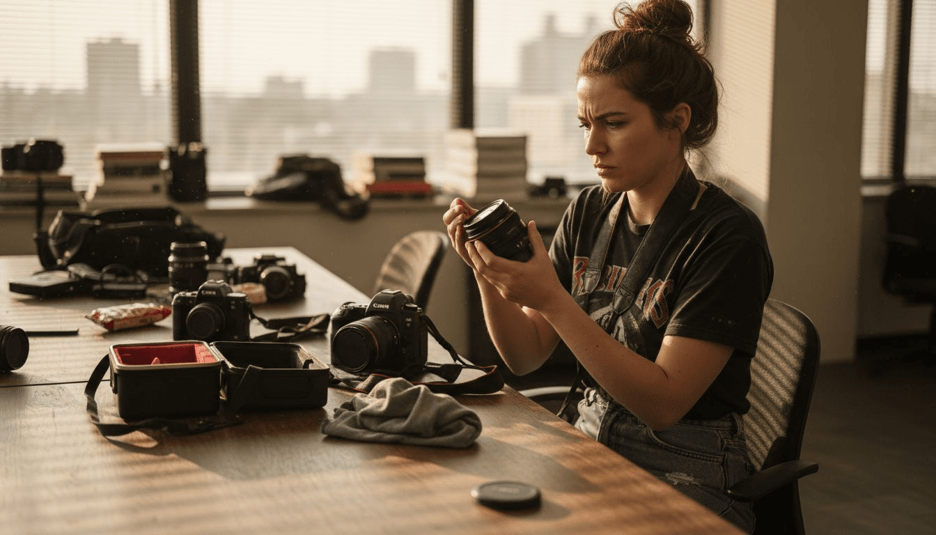 Woman choosing camera lens in office