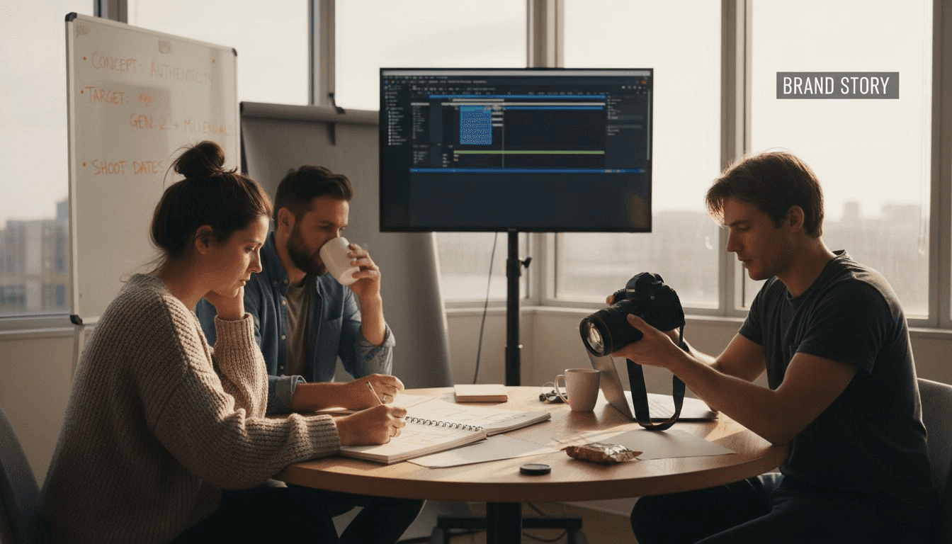 Creative team planning video production in agency office