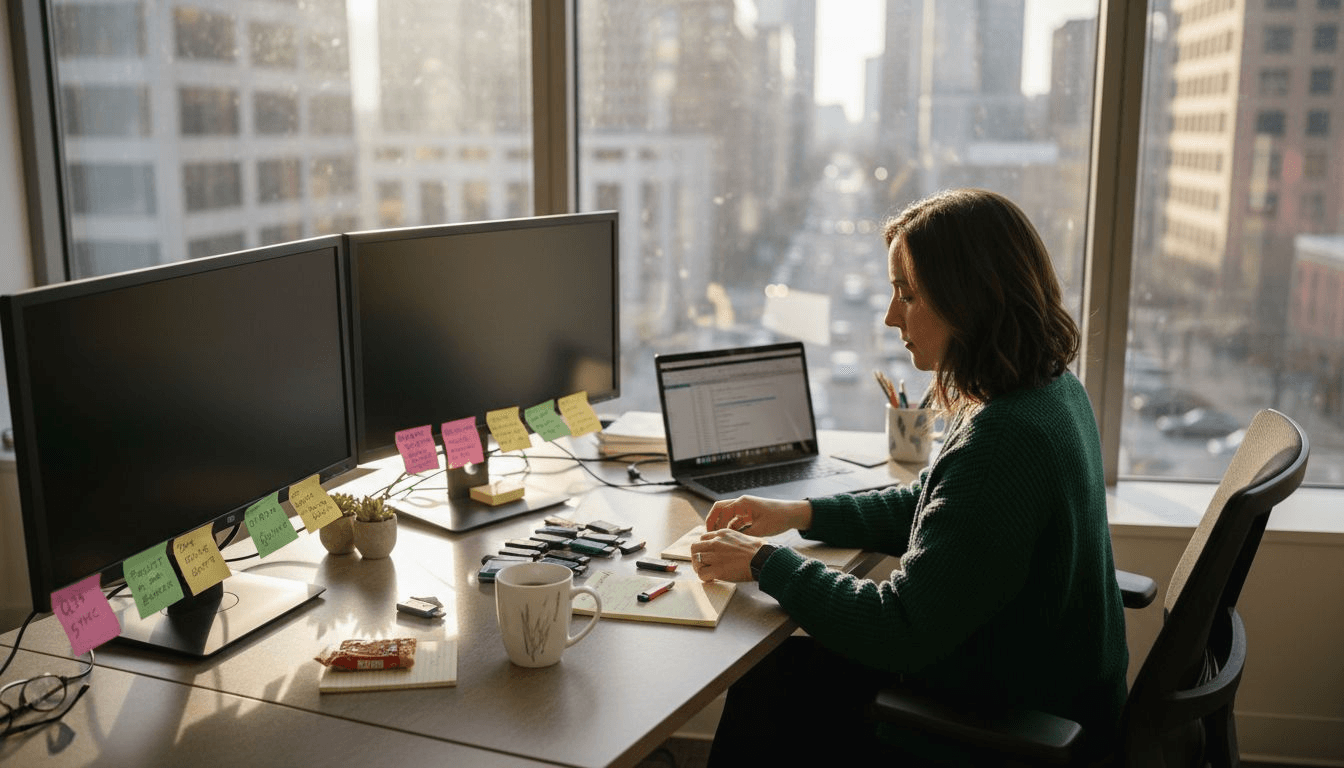 Professional preparing video scripts at office desk