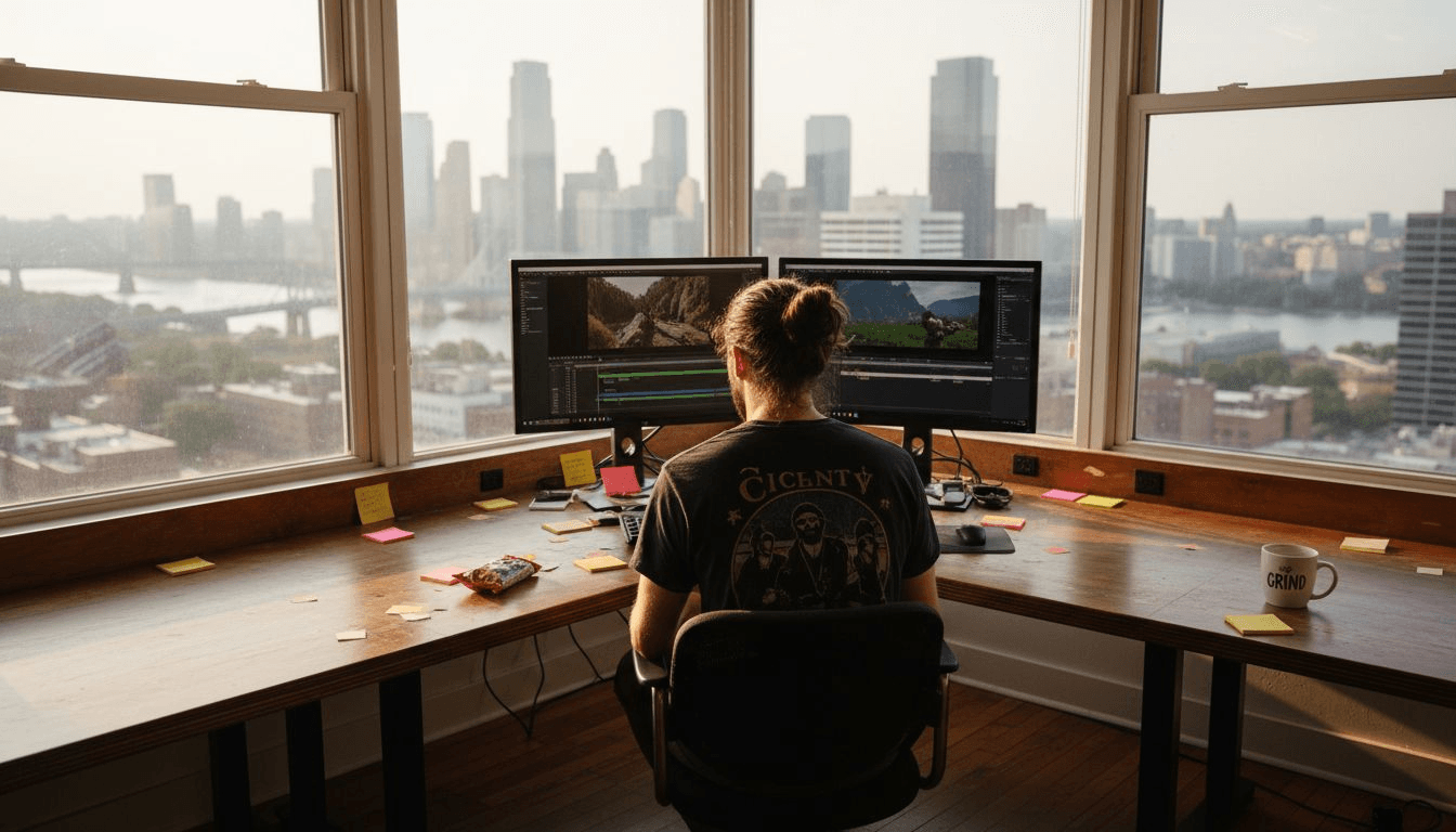 Editor working at dual monitors in busy office