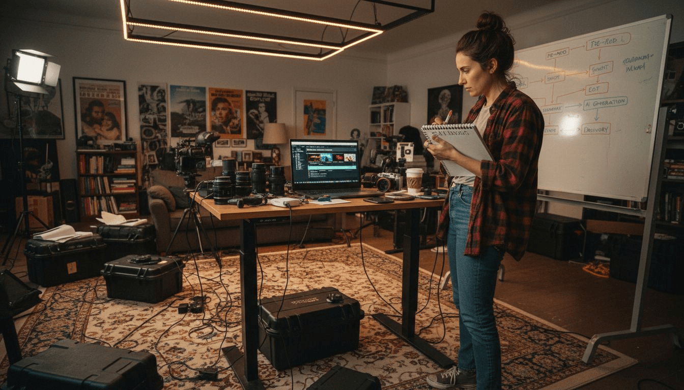 Filmmaker planning video project with laptop