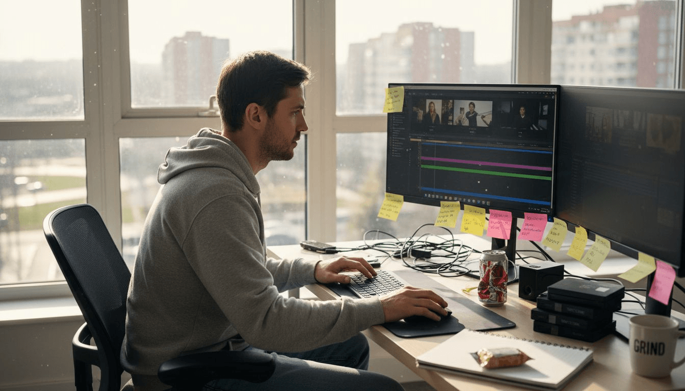 Video creator working at editing desk