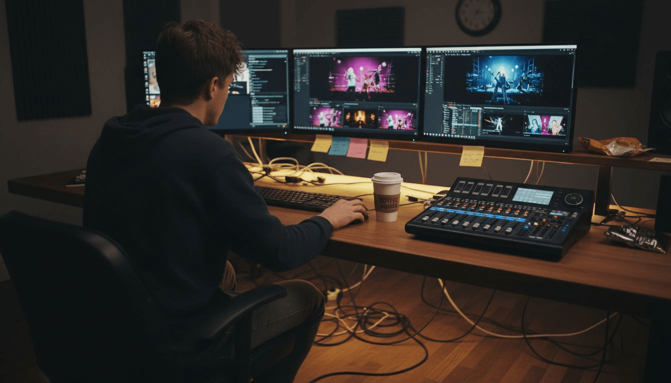 Editor working in music video editing suite