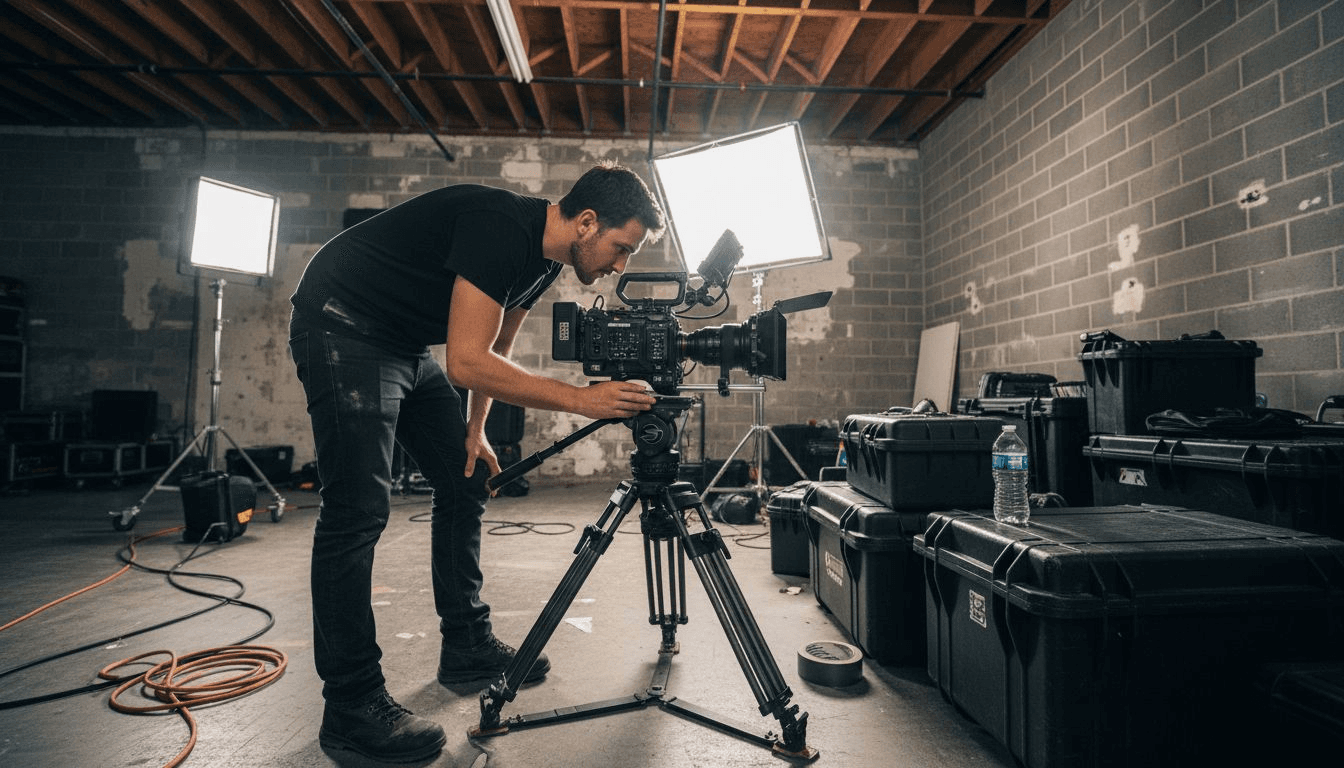 Cinematographer setting up video camera studio