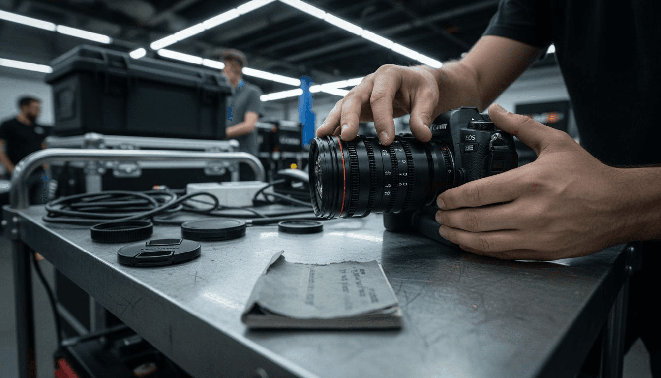 Operator adjusts professional camera manual controls