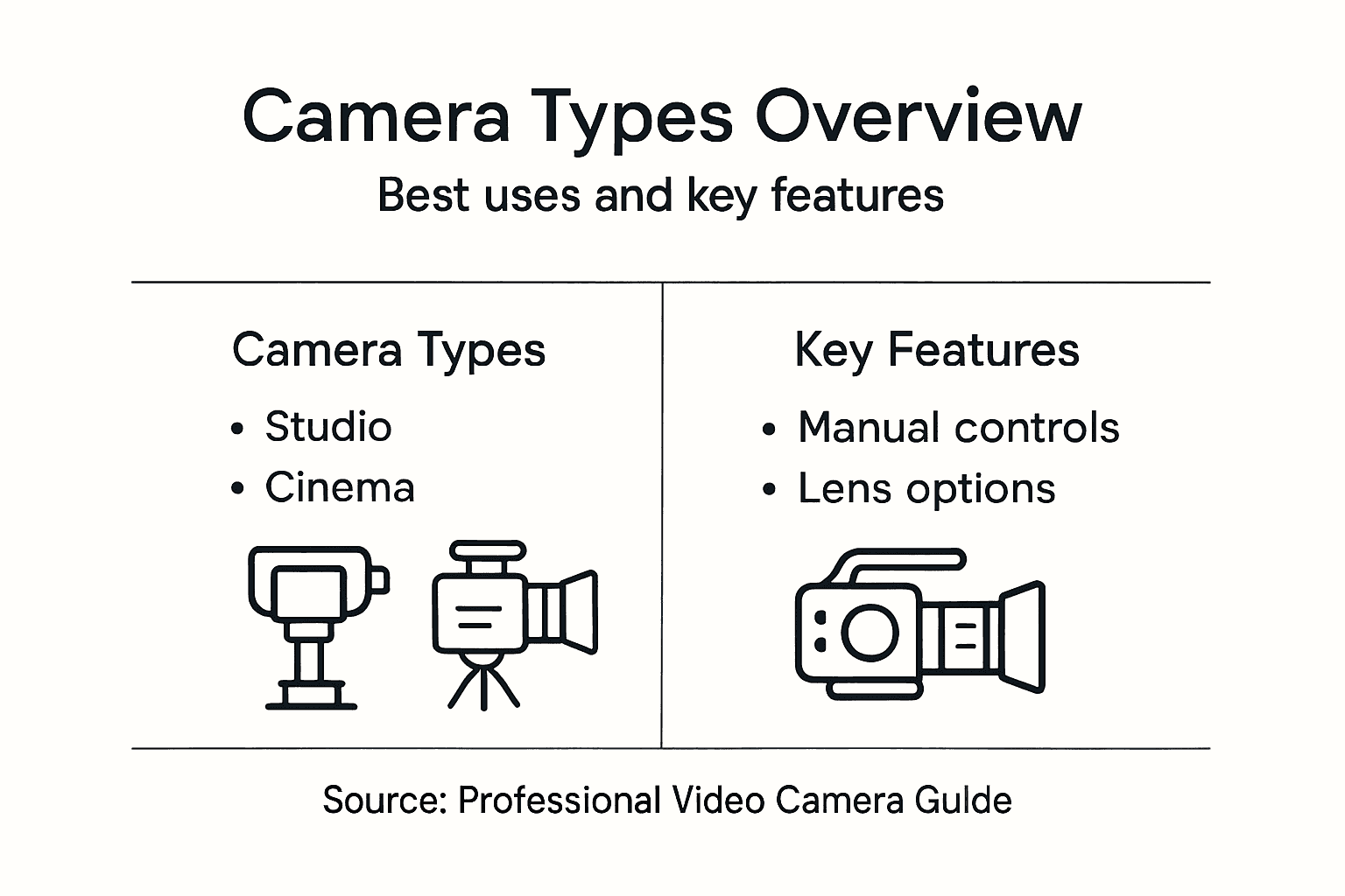 Infographic outlining types and features of pro video cameras
