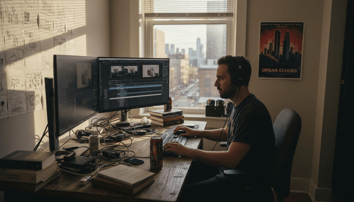 Video editor at desk using Adobe Premiere